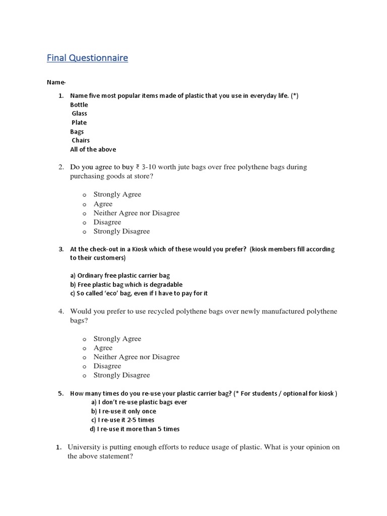 Questionnaire On Plastic Ban PDF Reuse Economy And The Environment