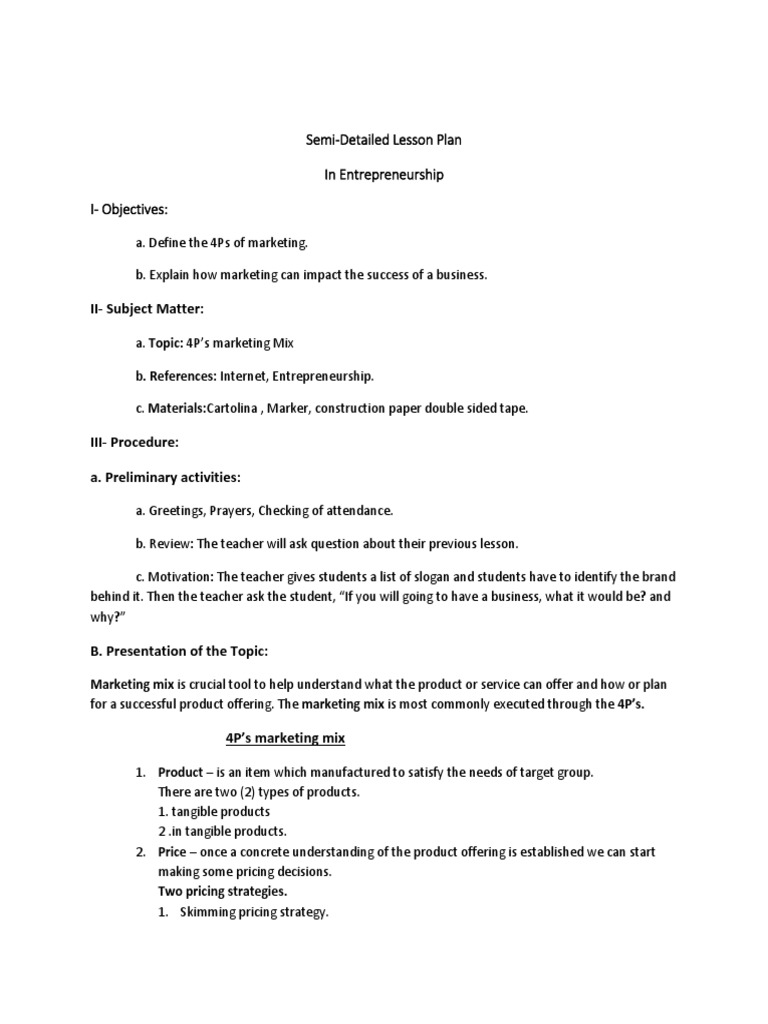 Marketing Mix Lesson Plan Overview | PDF | Marketing | Target Audience