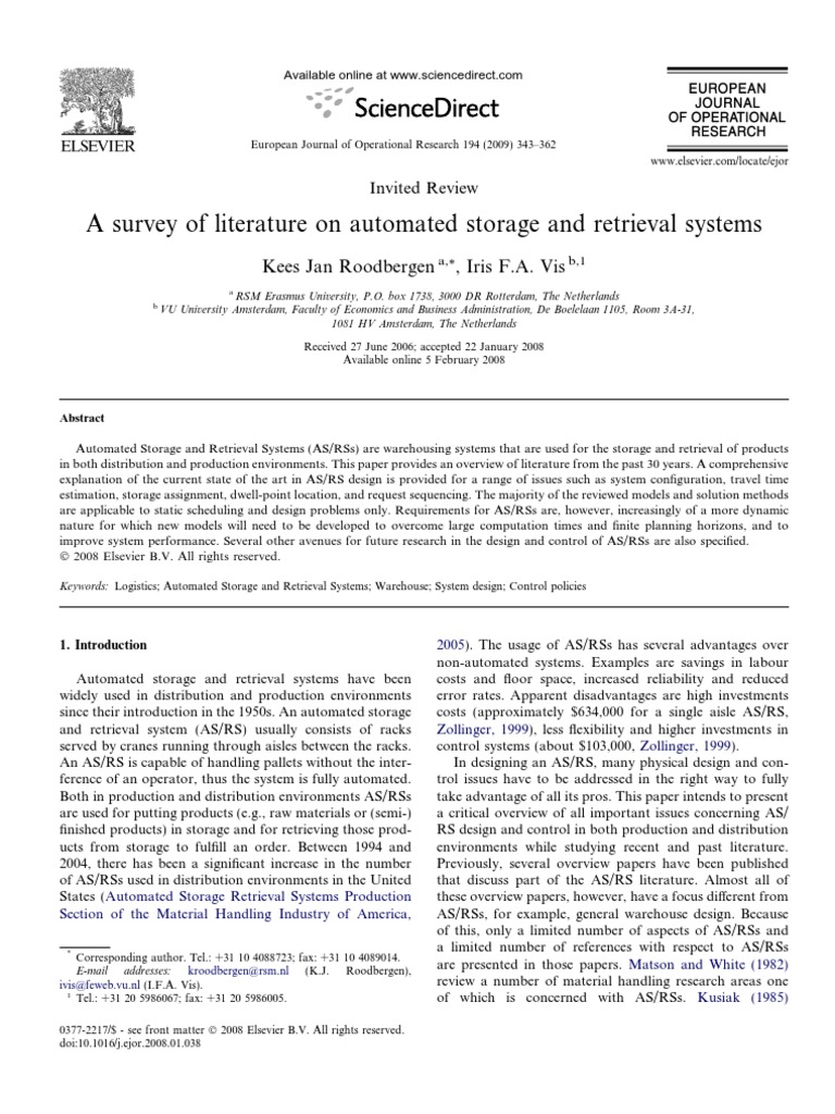 A Survey of Literature On Automated Storage and Retrieval Systems PDF ...