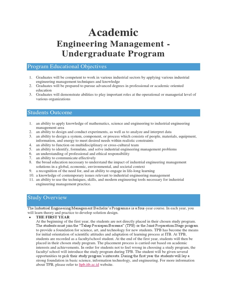 Undergraduate Program Overview for the Industrial Engineering