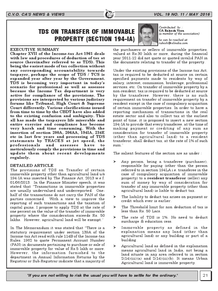 TDS On Transfer of Immovable Property PDF Payments Financial