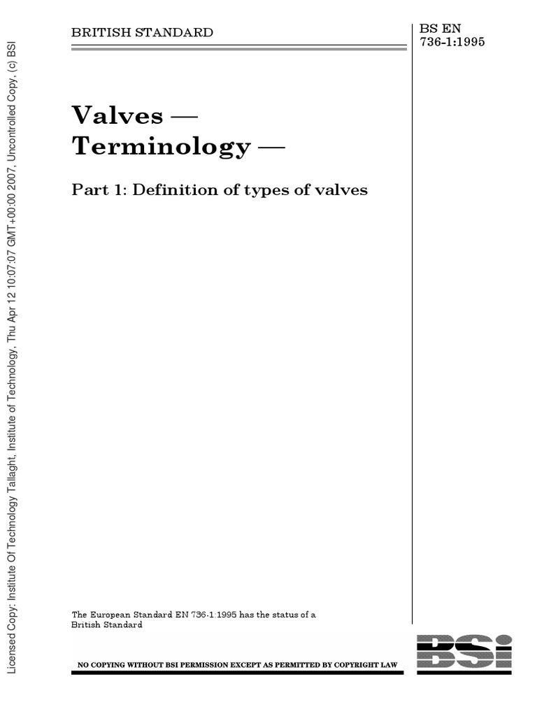 BS en 7361 Valves Part 1 Definition of Types of Valves PDF Valve
