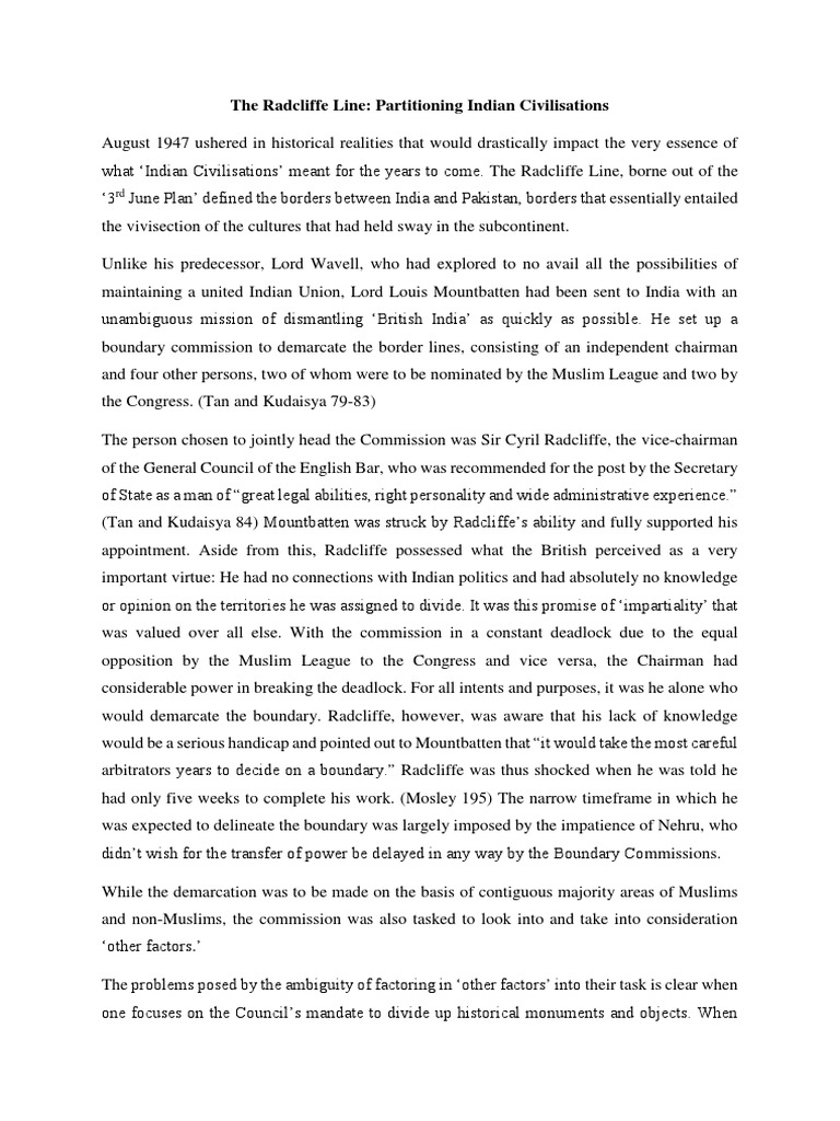 The Radcliffe Line Partitioning Indian Civilisations PDF Partition Of India South Asia