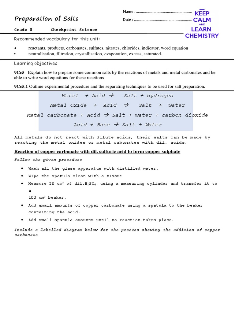 G8 Preparation of Salts Lab Experiment PDF Salt (Chemistry) Acid