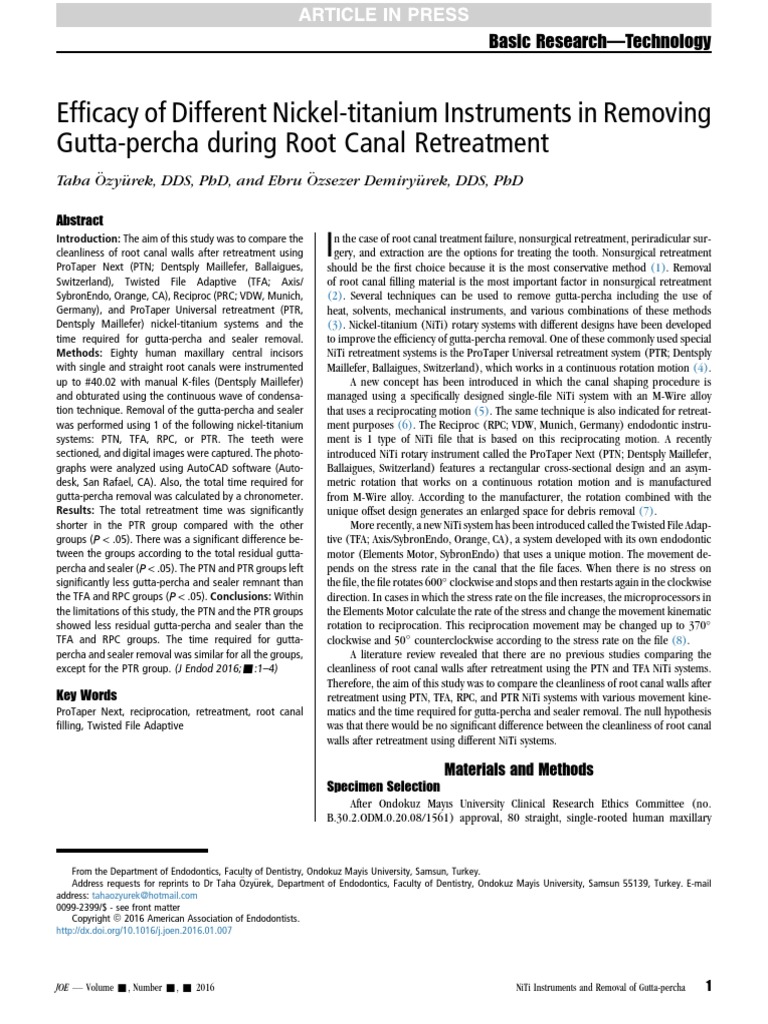 Efficacy of Different NickelTitanium Instruments in Removing Gutta