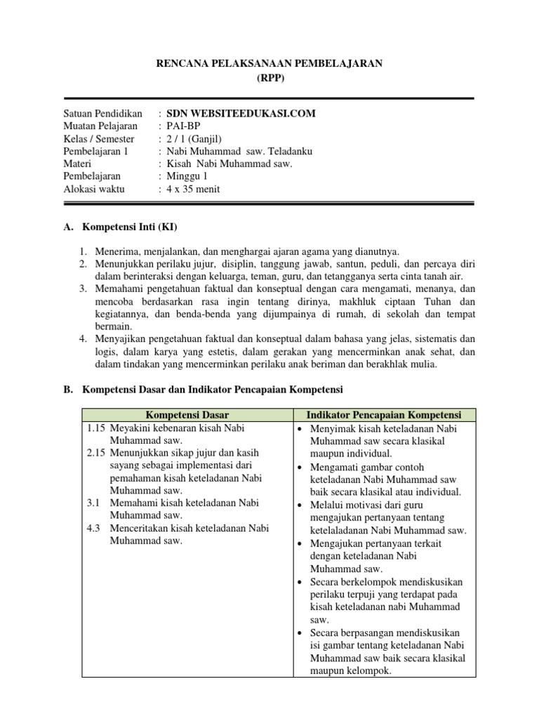 1 Rpp Pai Kelas 2 Nabi Muhammad Saw Teladanku Websiteedukasi Com Docx