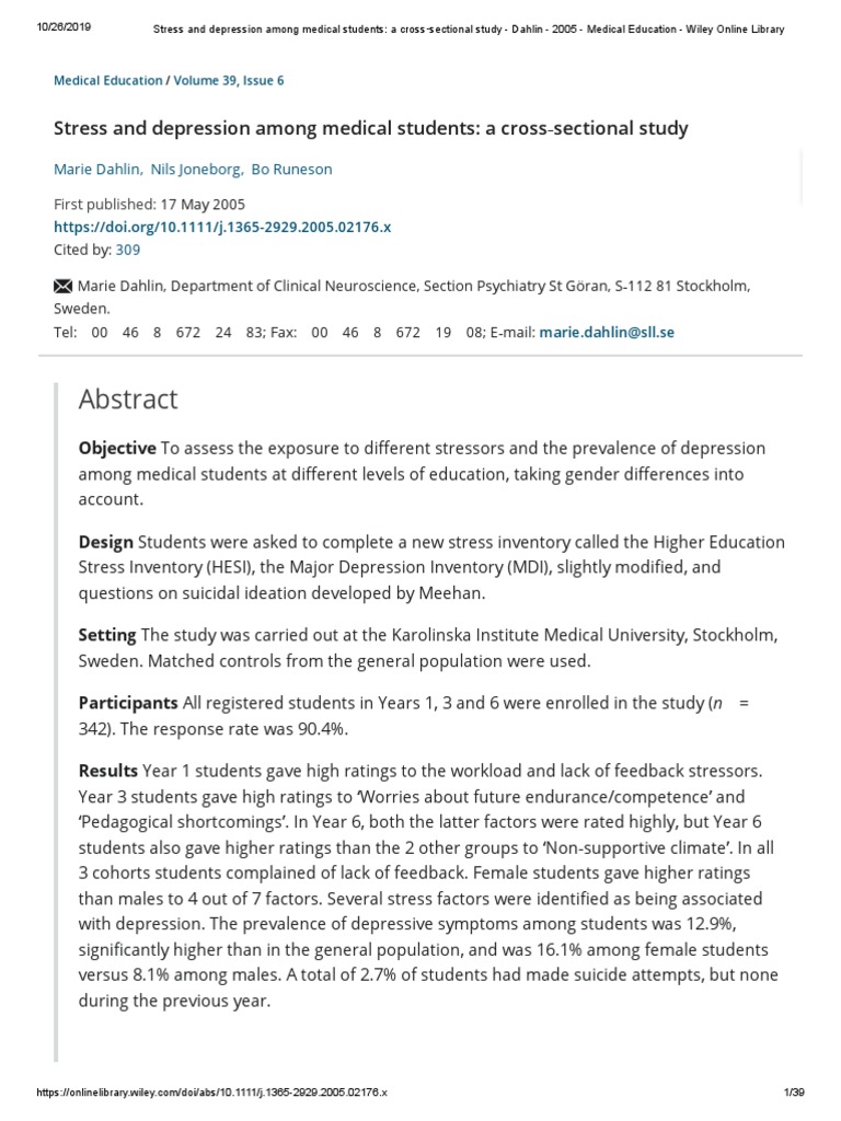 Stress and Depression Among Medical Students - A Cross Sectional Study ...