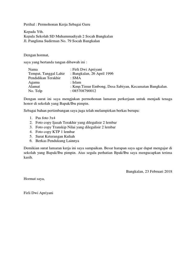 Surat Lamaran Kerja Sd Muhammadiyah 02 Pdf