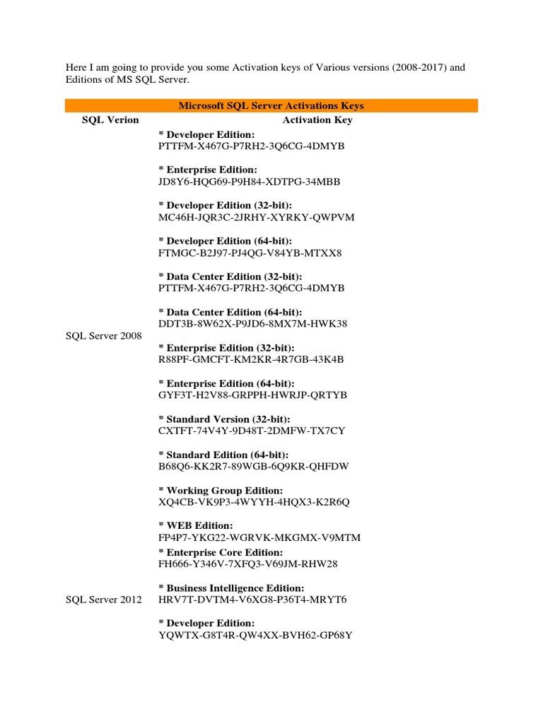 MS SQL Server Serial Keys | PDF | Microsoft Sql Server | 64 Bit Computing