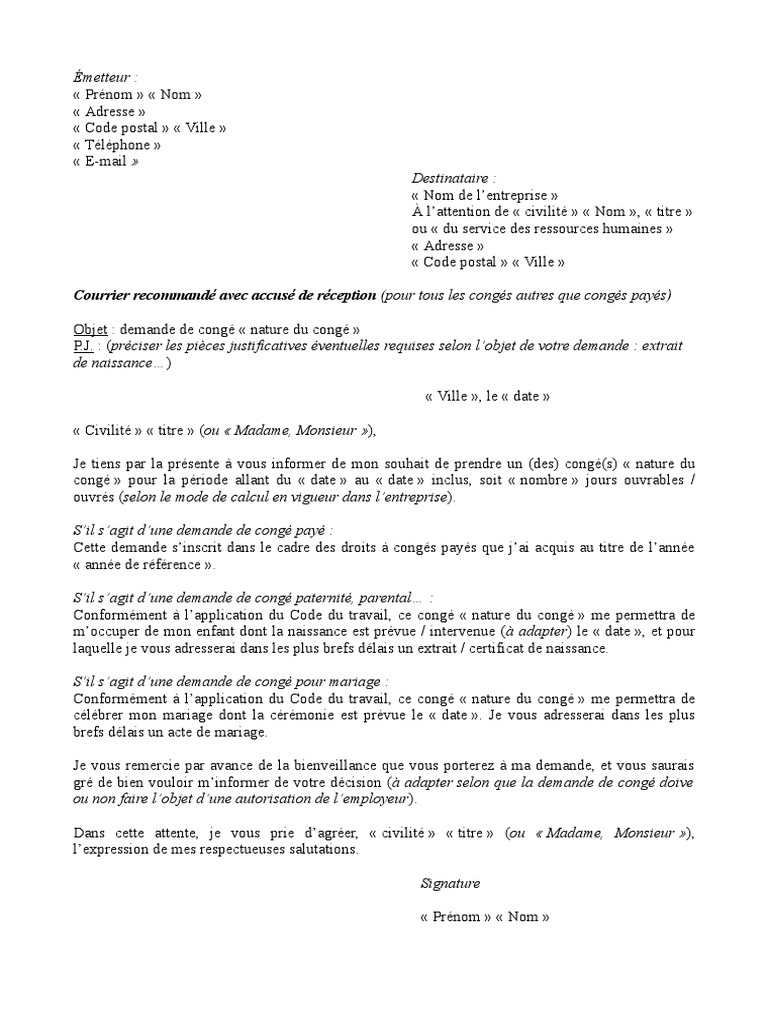 Lettre De Demande De Conges Pdf Conge Annuel Vacances