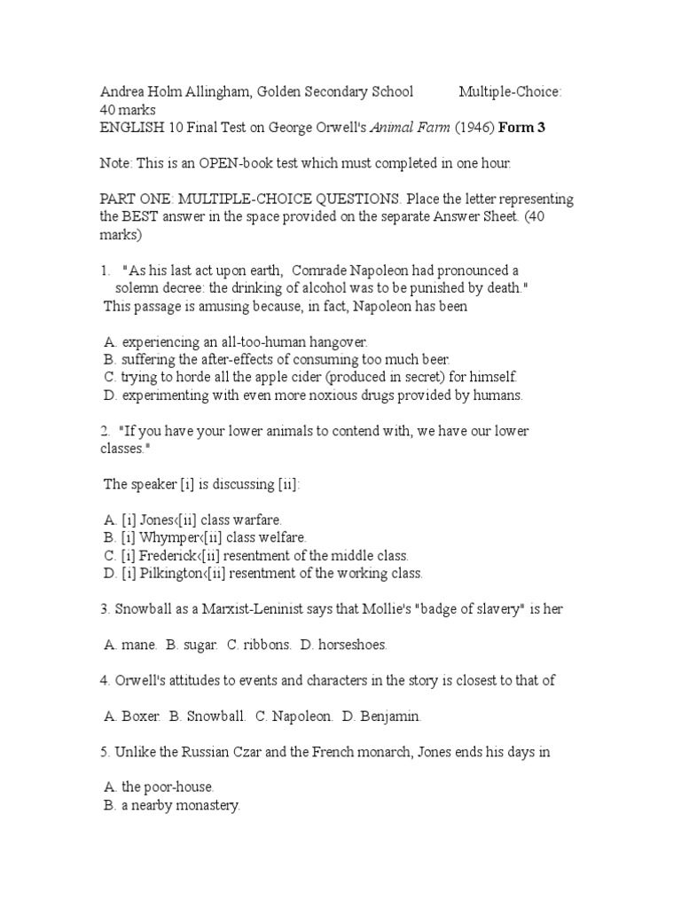 Animal Farm Final Test | PDF
