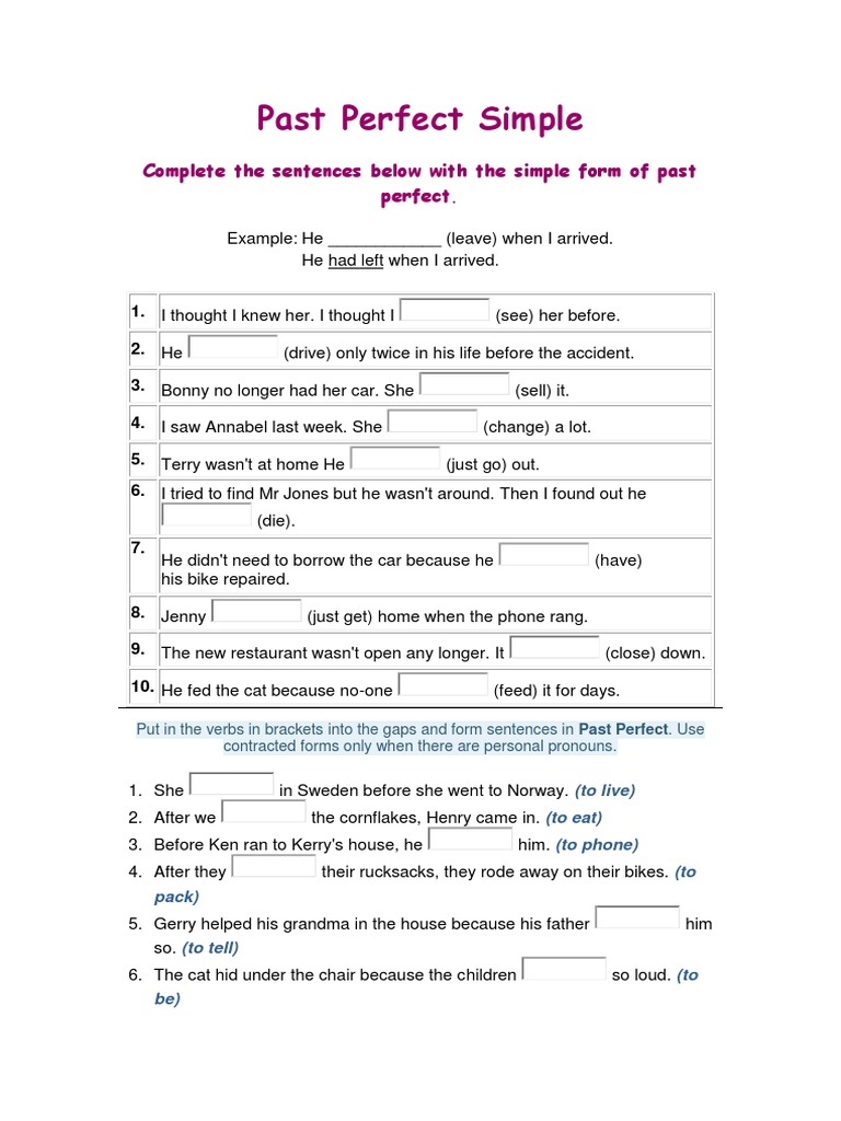 Past Perfect Simple Exercises | PDF | Languages | Language Arts ...