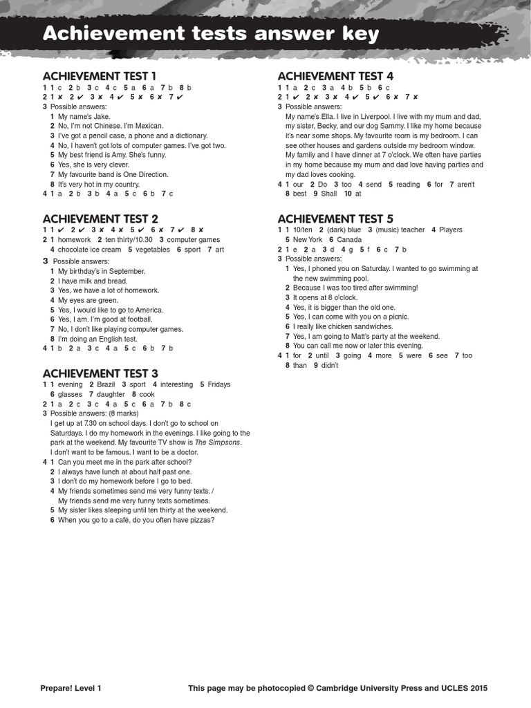 Prepare Level 1 Achievement Tests Key PDF | PDF