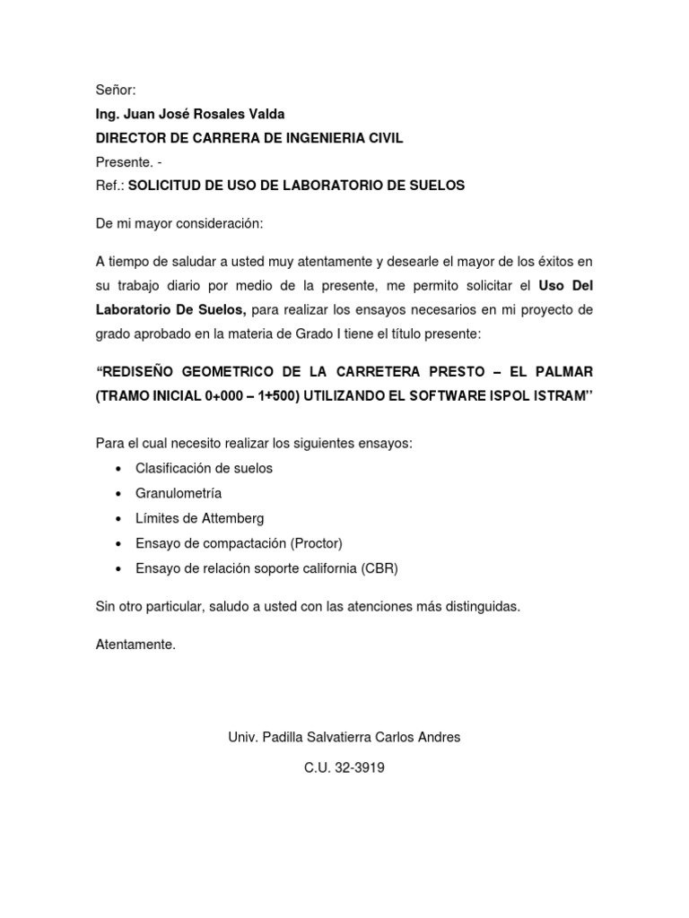 Carta De Solicitud De Laboratorio De Suelos