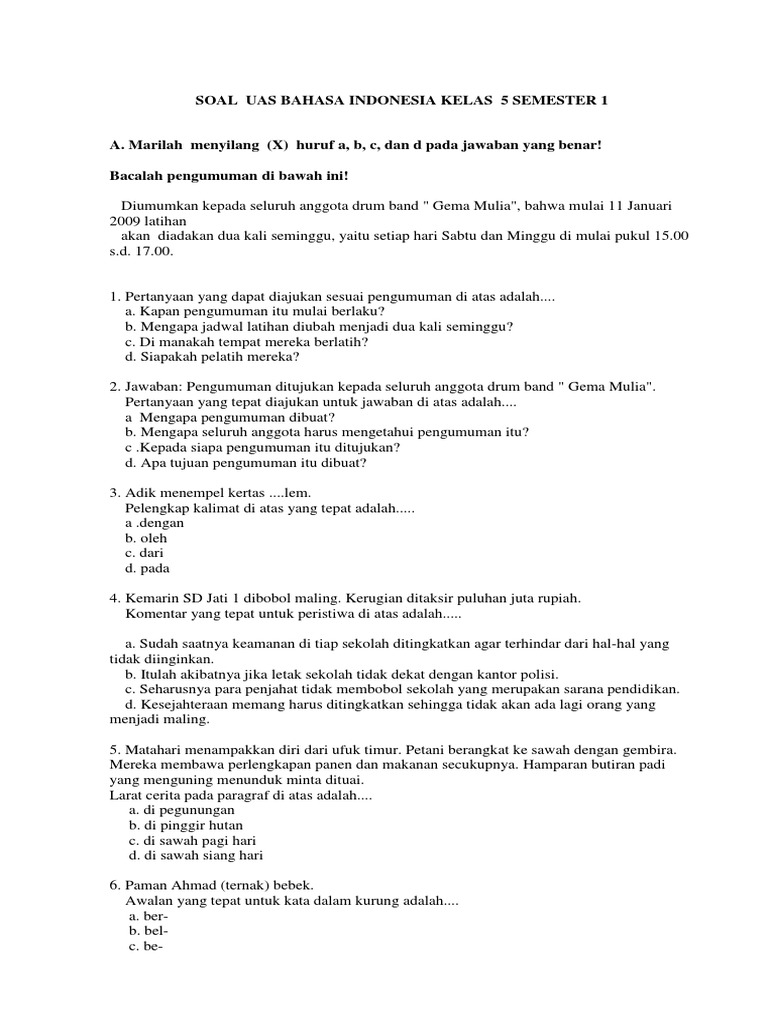 3 Soal Uas 1 B Indonesia Kelas 5 Semester 1 Kunci Jawaban Pdf