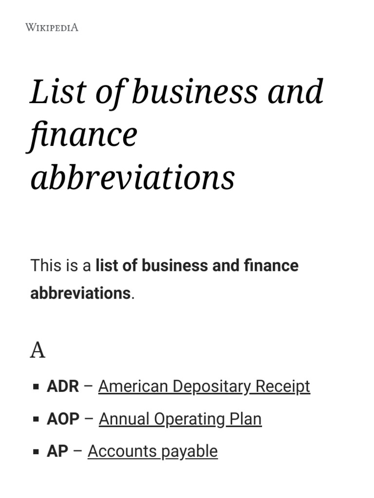 List of Business and Finance Abbreviations Wikipedia PDF Credit