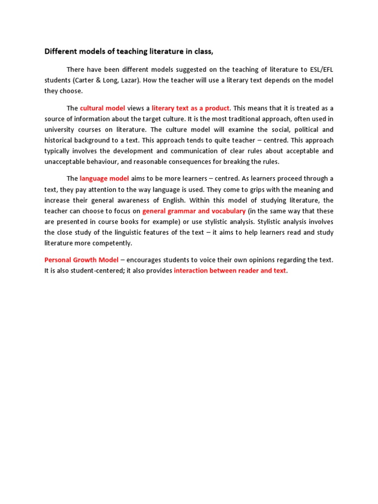 Teaching Models for Literature in ESL/EFL | PDF | Neuropsychology ...