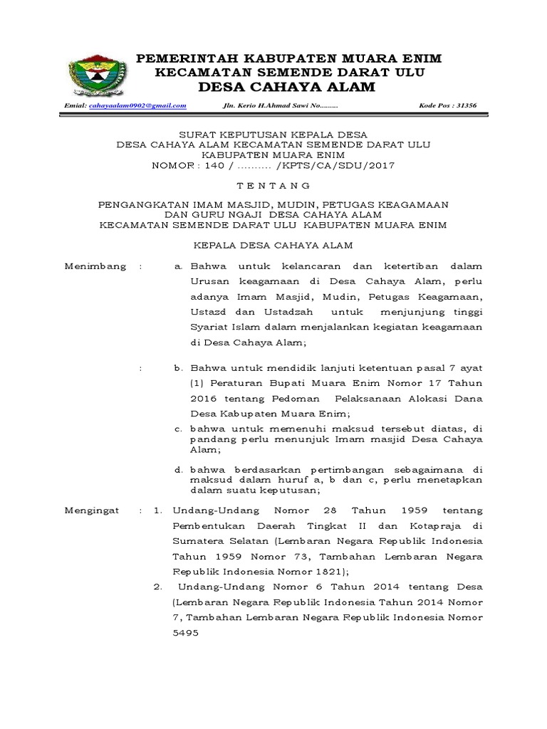 Contoh Sk Imam Desa Dunia Sosial