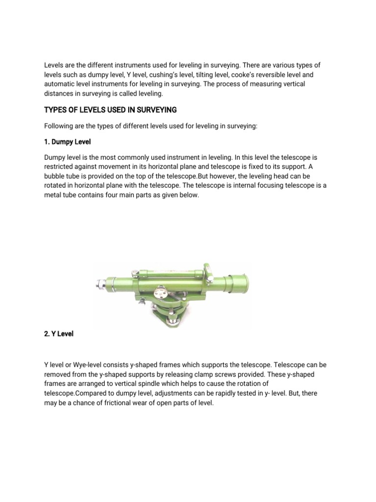 Types of Levels, Leveling Rods, Target, Telescope and Level Vials Used