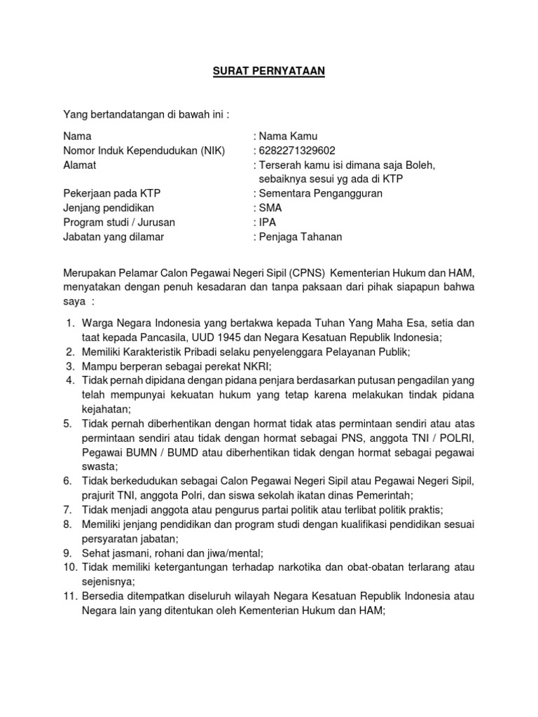 Contoh Surat Pernyataan 13 Poin Pdf