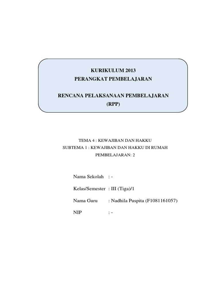 Contoh RPP K13 SD Tema Kewajiban | PDF | Karier & Perkembangan