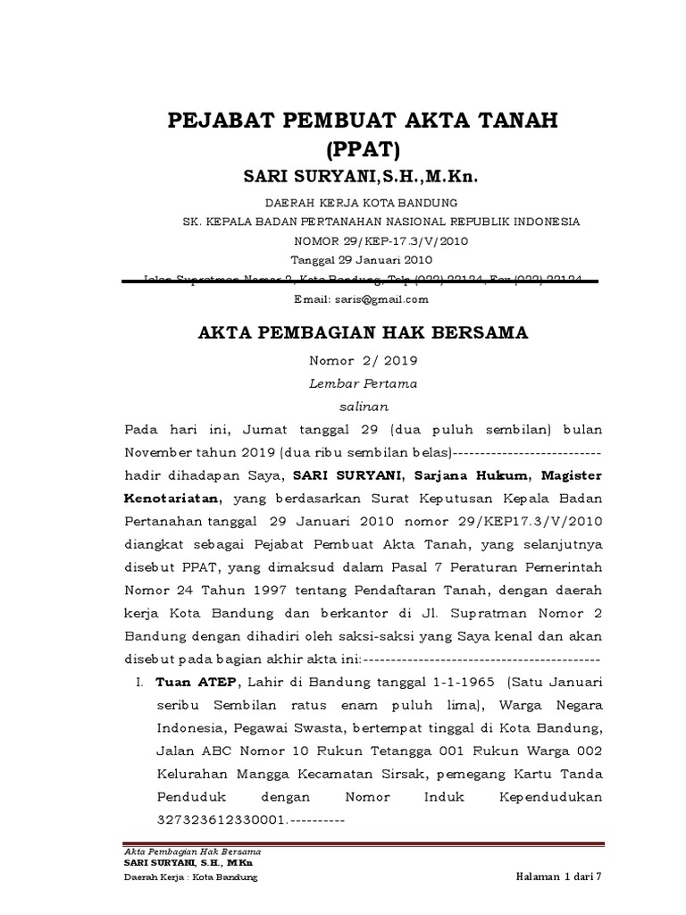 Contoh Akta Pembagian Hak Bersama | PDF