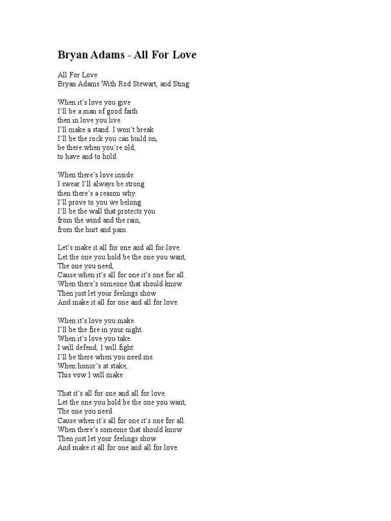 all for one one for all bryan adams
