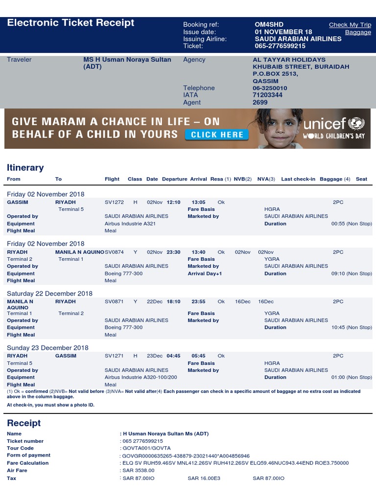 Saudi Arabian Airlines E-Ticket Receipt | PDF | Airlines | Treaty