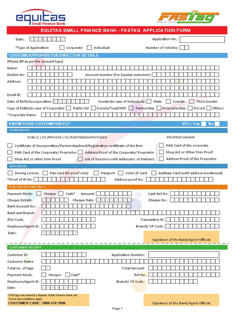 Equitas FASTag Application Form | PDF | Banks | Fee