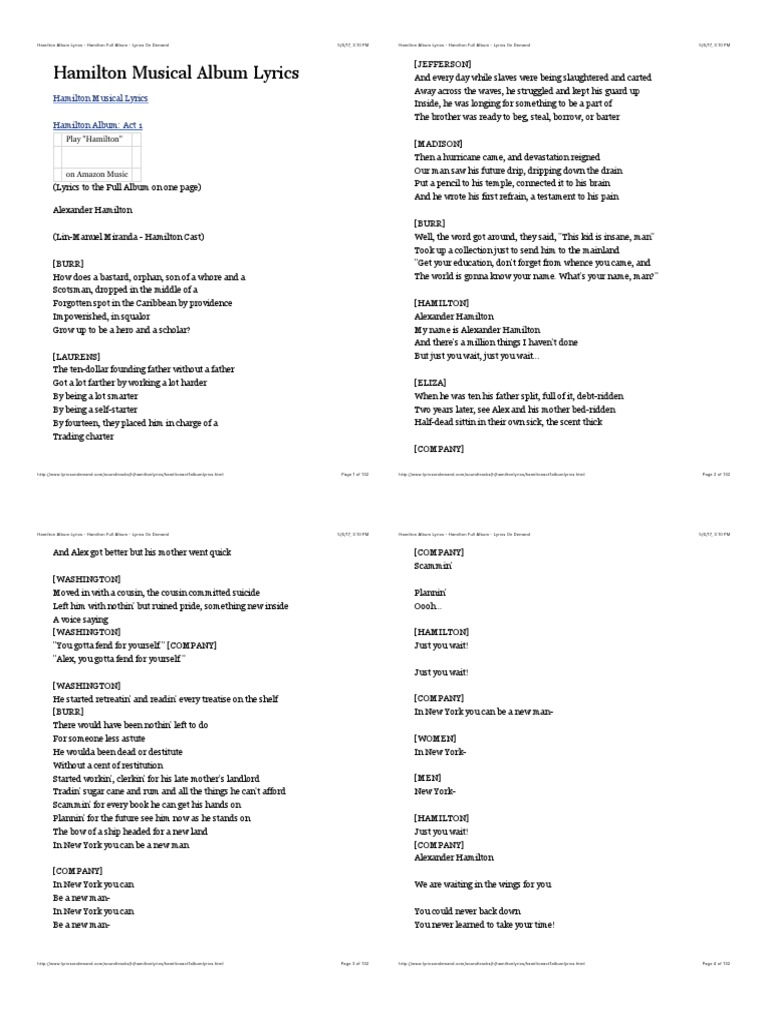 Hamilton Album Lyrics Hamilton Full Album Lyrics On Demand 1 Pdf Hamilton Musical Alexander Hamilton