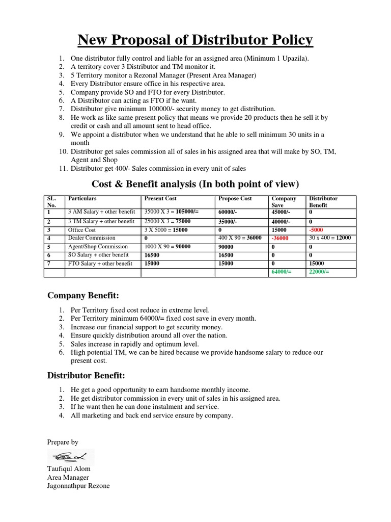 Proposal of Distributor Policy PDF Salary Business