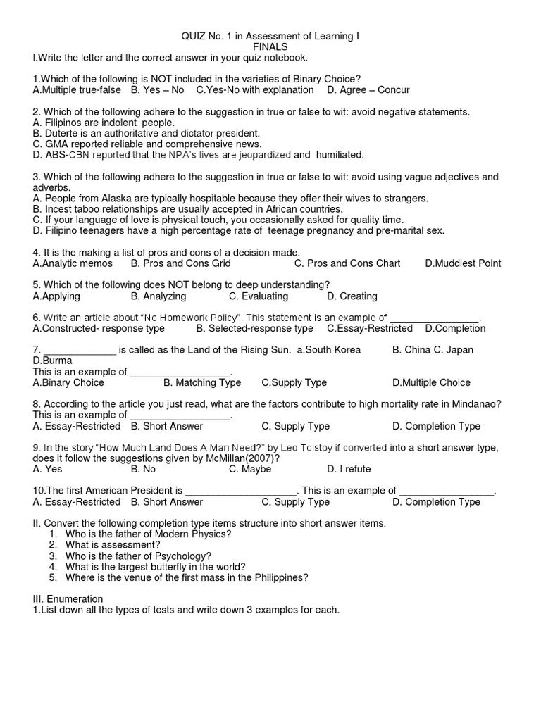 Quiz on Assessment of Learning I | PDF | Cognition | Cognitive Science