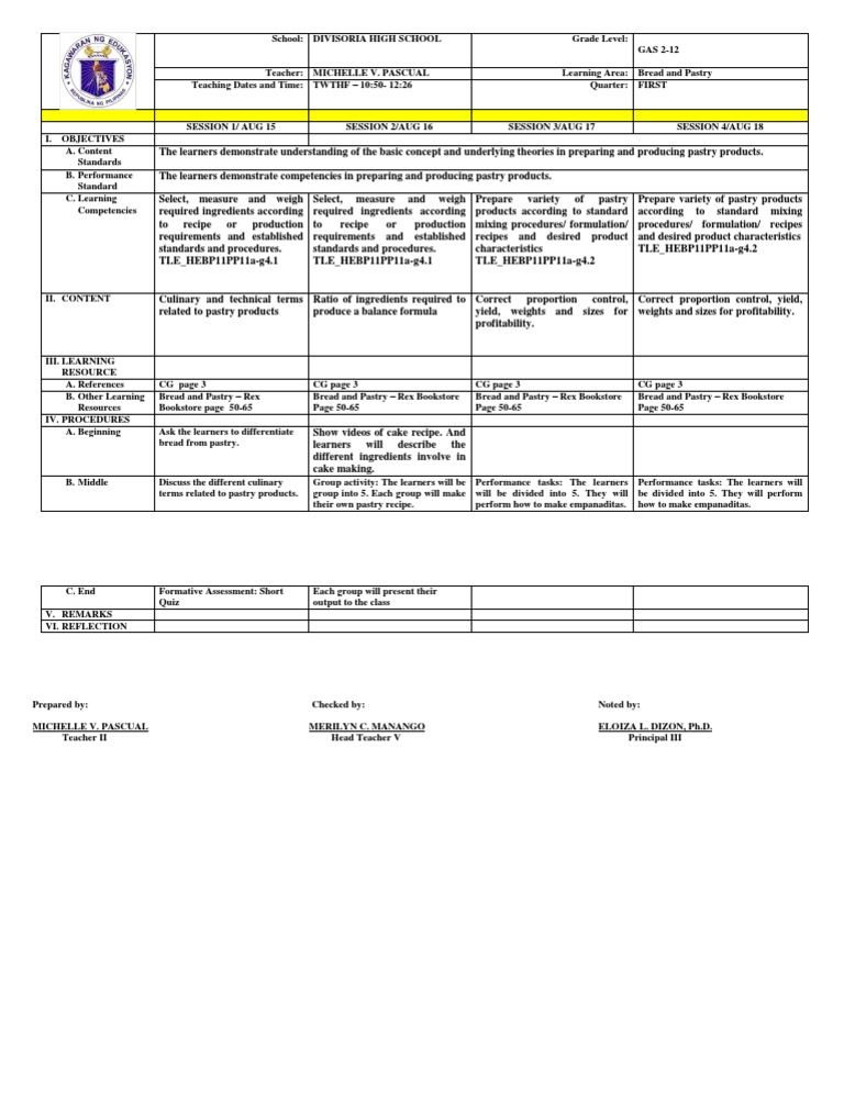 DLL Bread and Pastry Aug 1418 PDF Breads Teaching