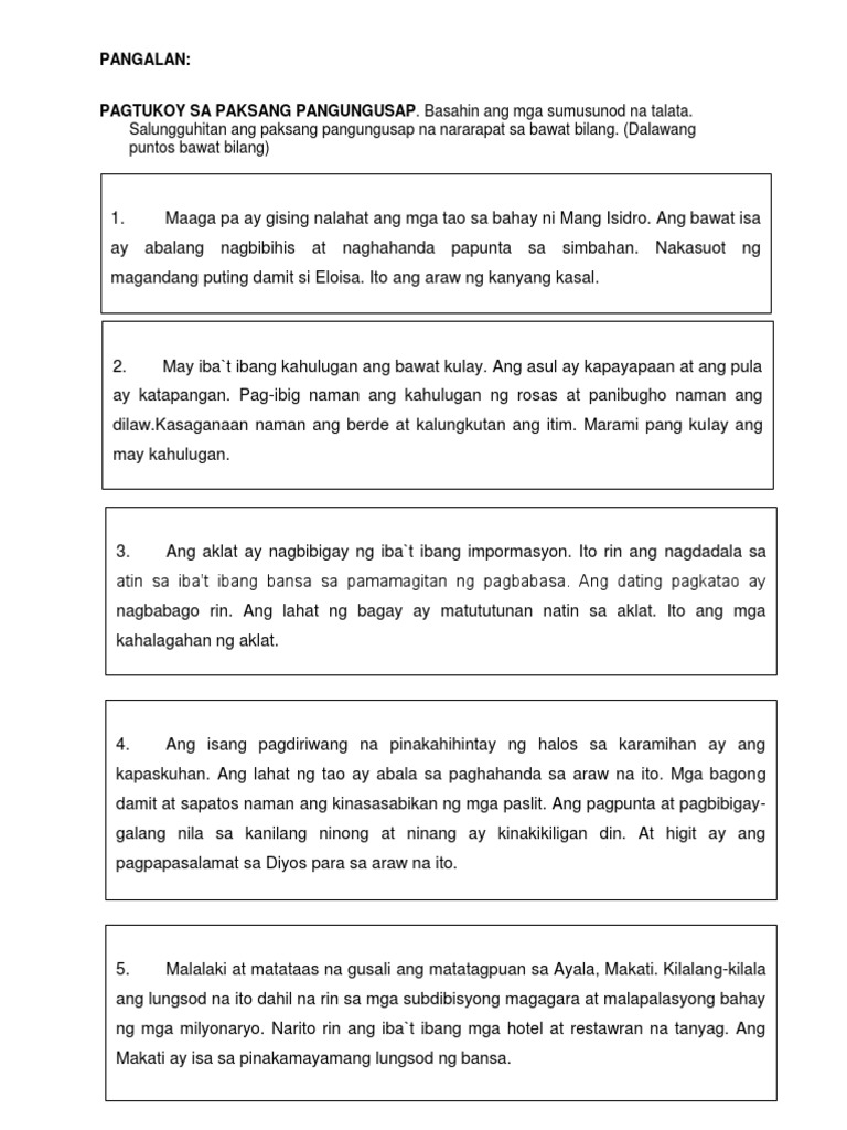 Pagtukoy Sa Paksang Pangungusap PDF PDF