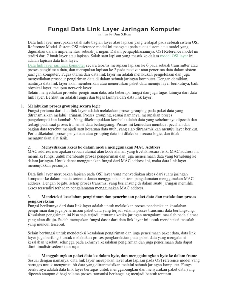 Fungsi Data Link Layer Jaringan Komputer PDF