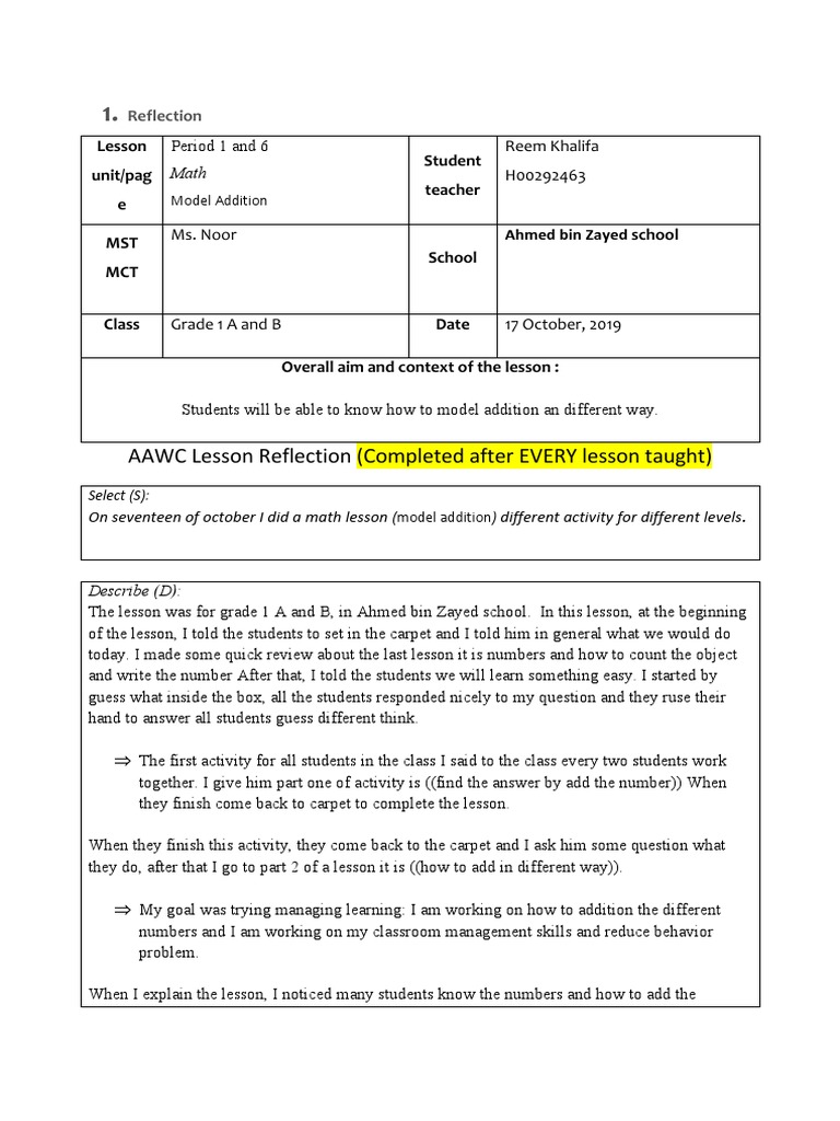 Reflection Lesson plan 1 | Applied Psychology | Learning
