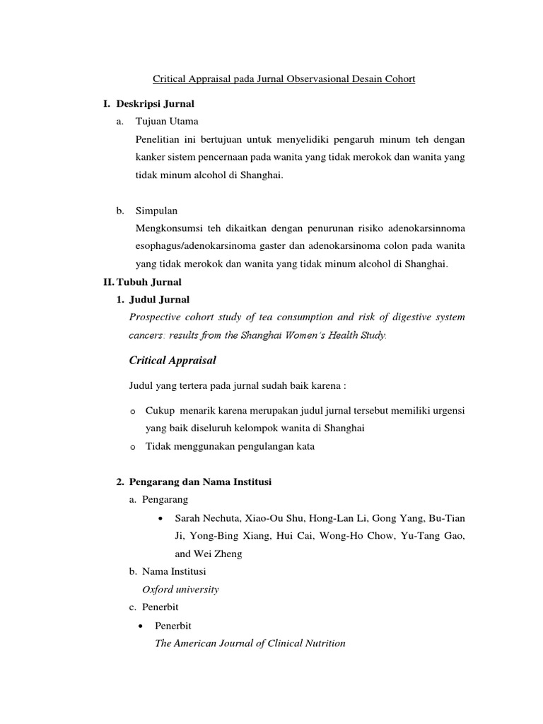 Critical Appraisal Pada Jurnal Observasional Desain Cohort | PDF