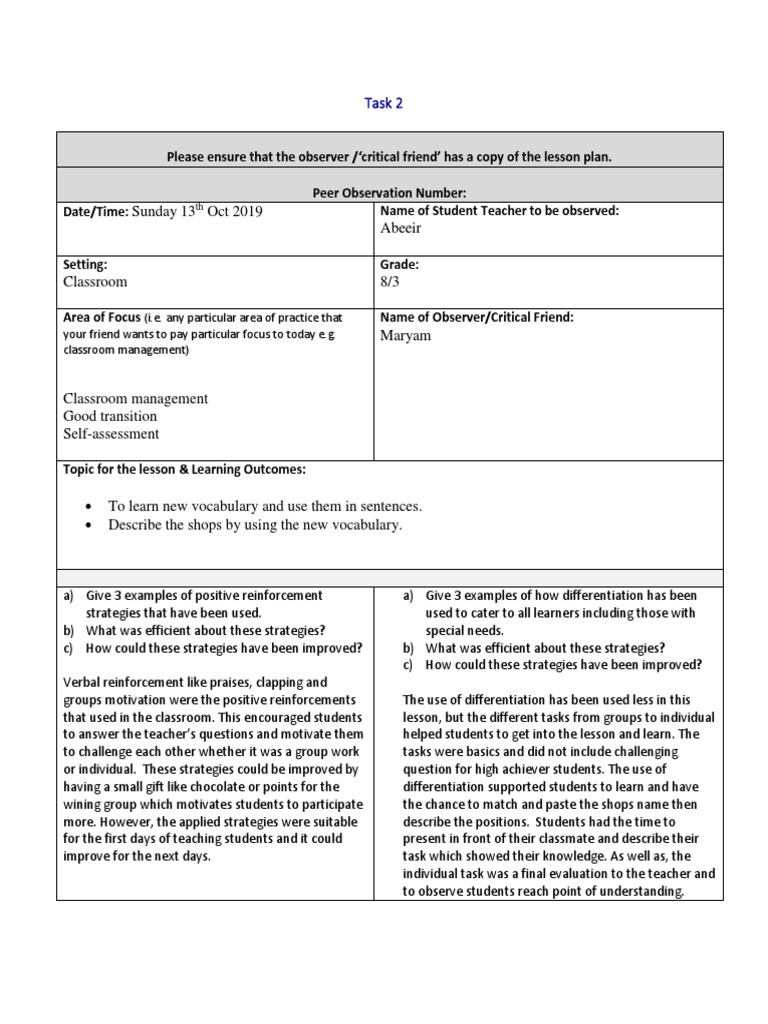 Task 2 Peer Observation 1 Lesson Plan Educational Assessment