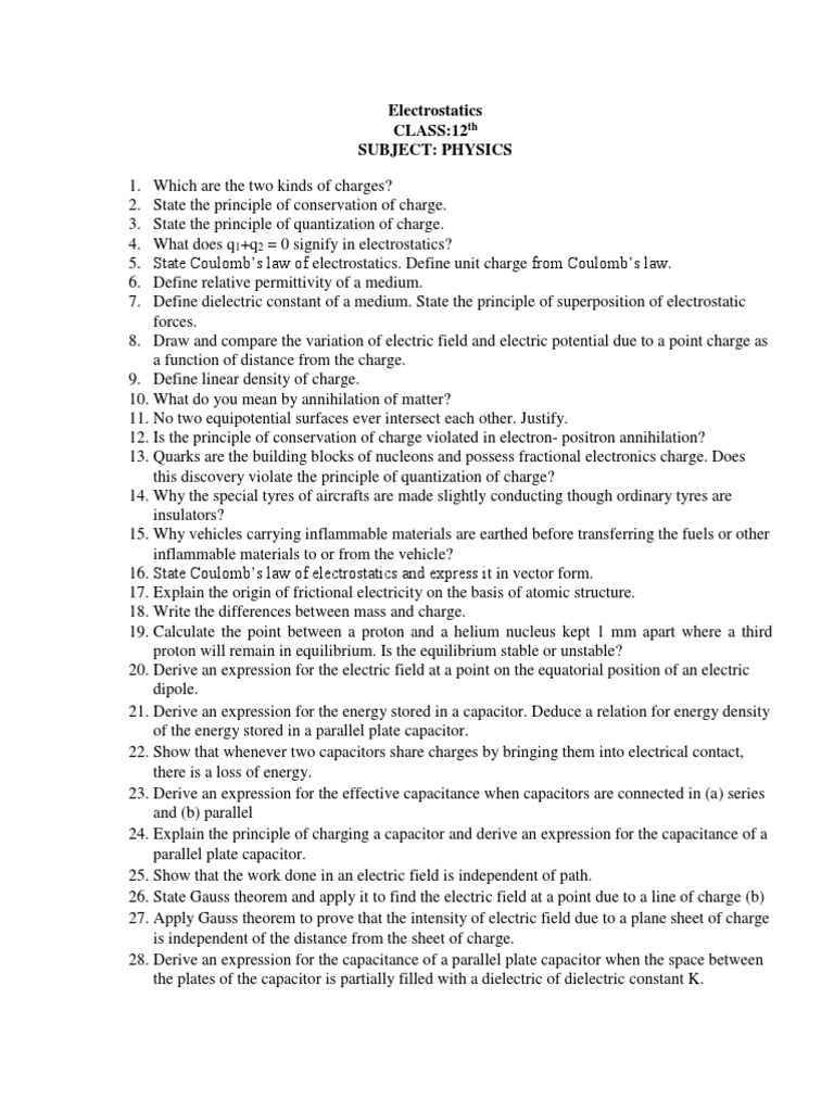 Key Concepts in Electrostatics for Class 12 | PDF | Electric Field ...