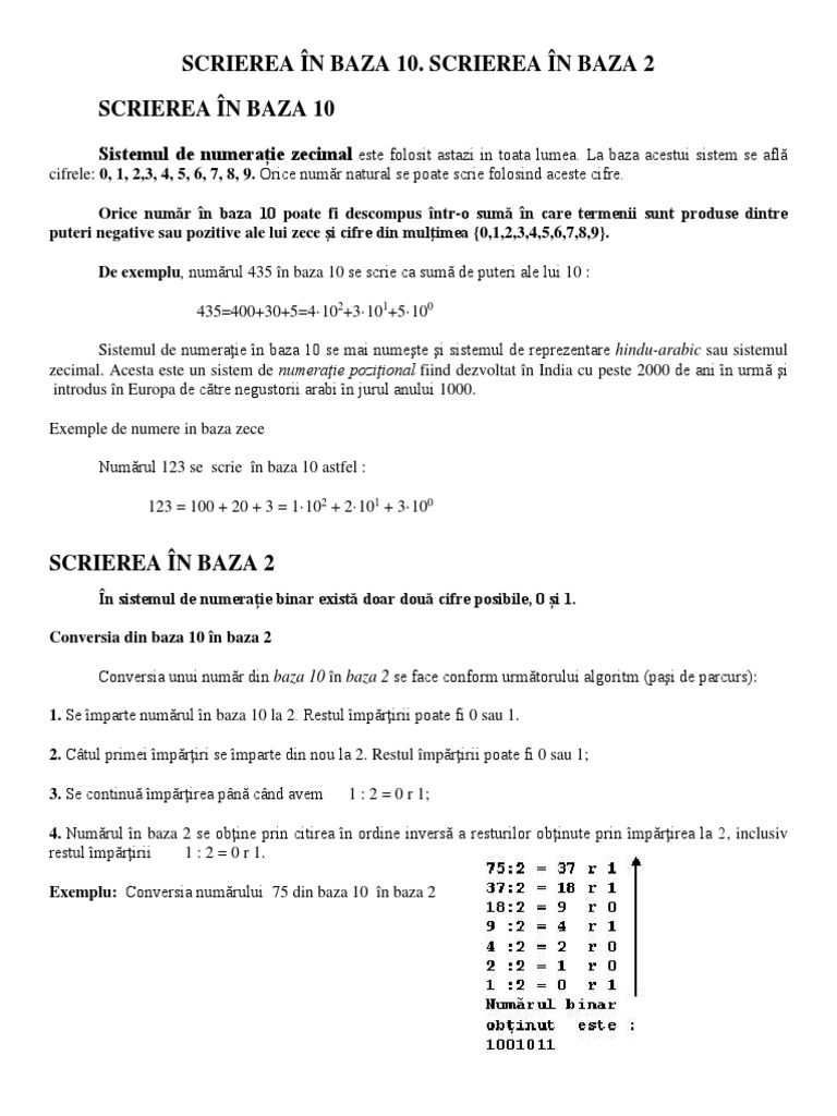 Evaluation cousin Discomfort Baza 10 Si Baza 2 | PDF