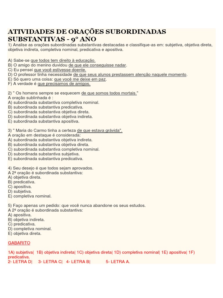 Atividades de Orações Subordinadas Substantivas | PDF