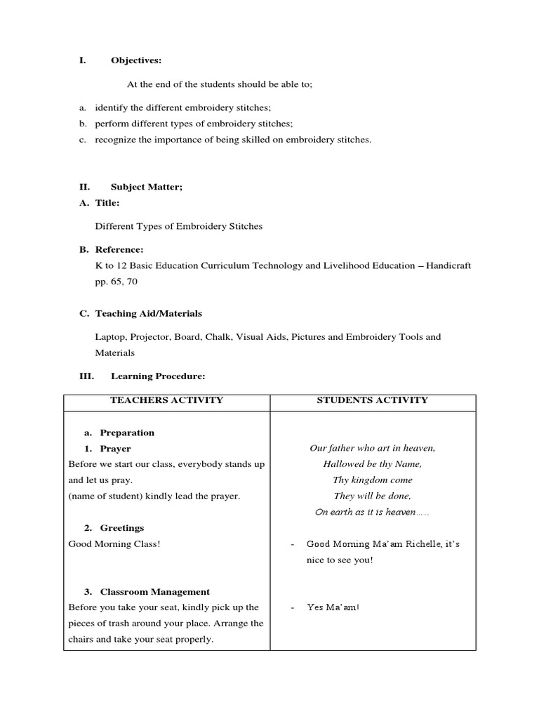 Embroidery Lesson Plan PDF Embroidery Sewing