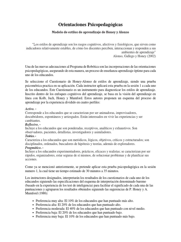 Modelo de Estilos de Aprendizaje de Honey y Alonso | PDF | Aprendiendo  estilos | Aprendizaje