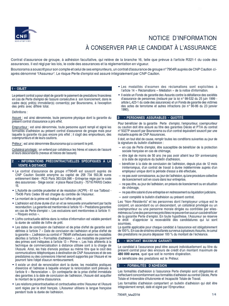 Licenciement Pour Inaptitude Et Assurance Prêt Immobilier Cnp Notice D'information - 7904R - Mai 2018 PDF | PDF | Cautionnement |  Assurance