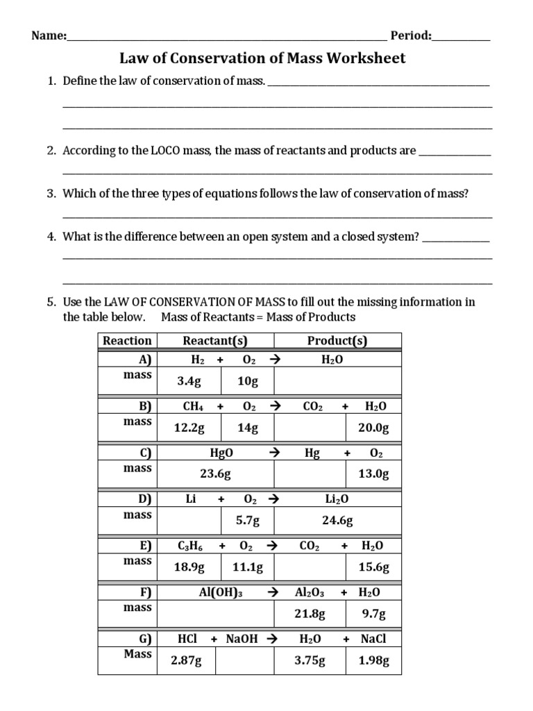 Law of Conservation of Mass WKST | PDF | Properties Of Water | Chemical  Reactions
