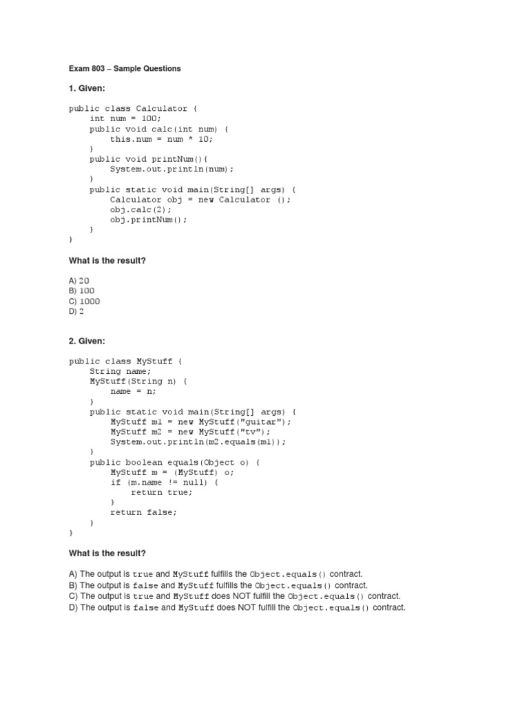 Java Exam 803 Sample Questions | PDF | Computer Programming | Software ...
