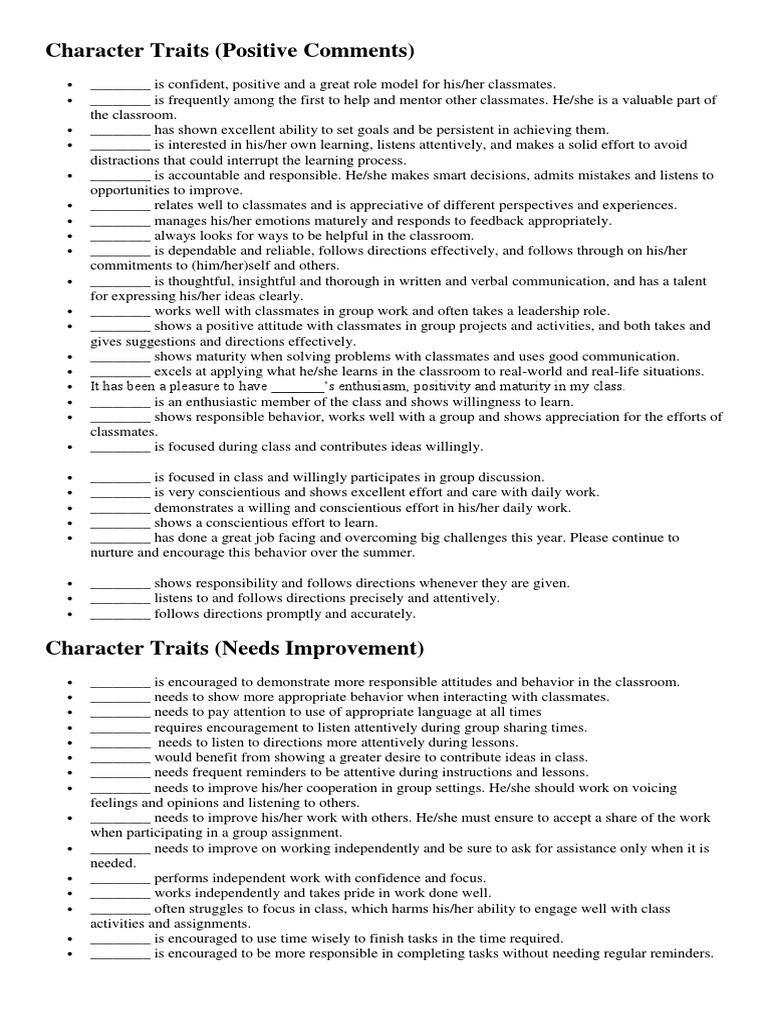 Report Cards Comment PDF Punctuation Reading Comprehension