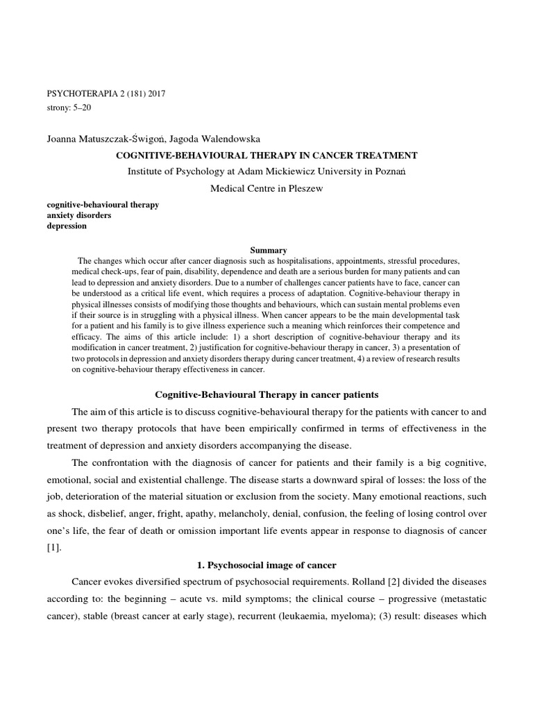 CBT in Cancer Patients ST PDF | PDF | Cognitive Behavioral Therapy