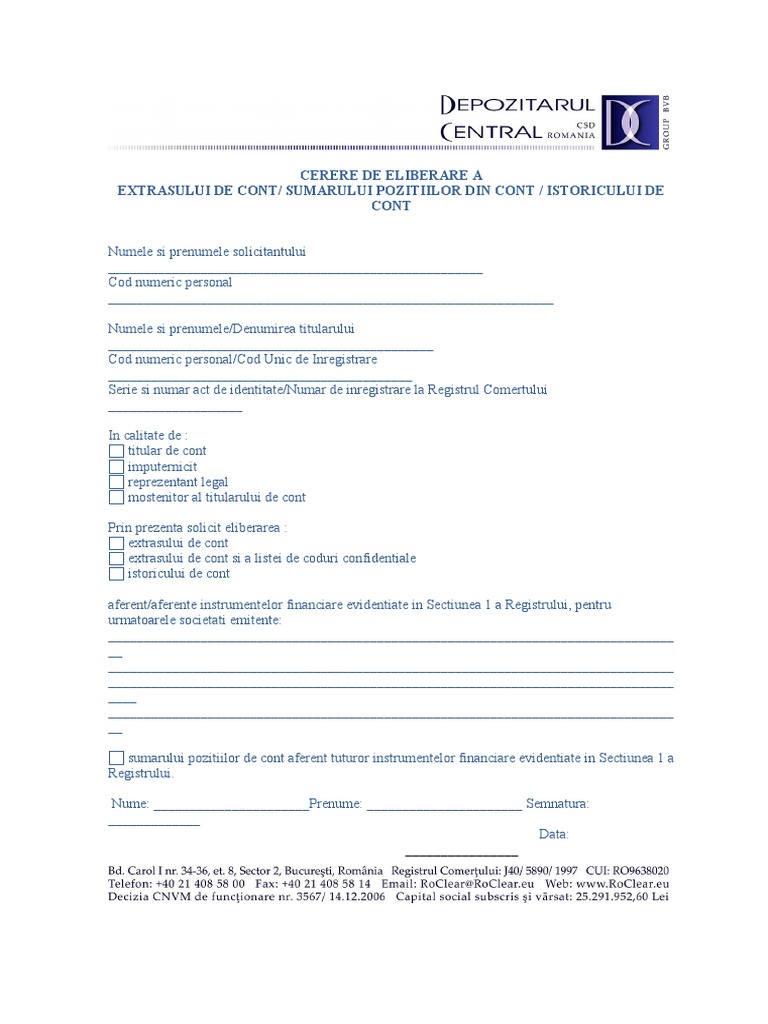 Cerere Extras:sumar:istoric Cont Depozitarul Central BVB HTTPS:WWW ...