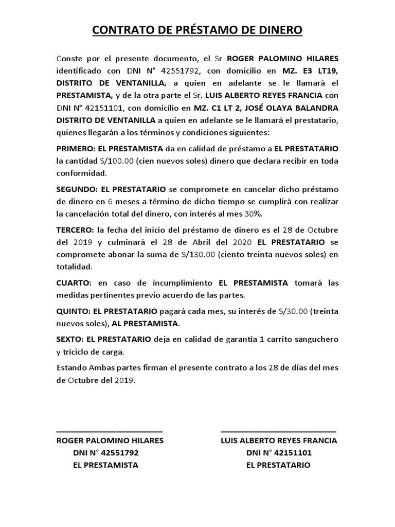 Contrato de Préstamo de Dinero S/100.00 | PDF